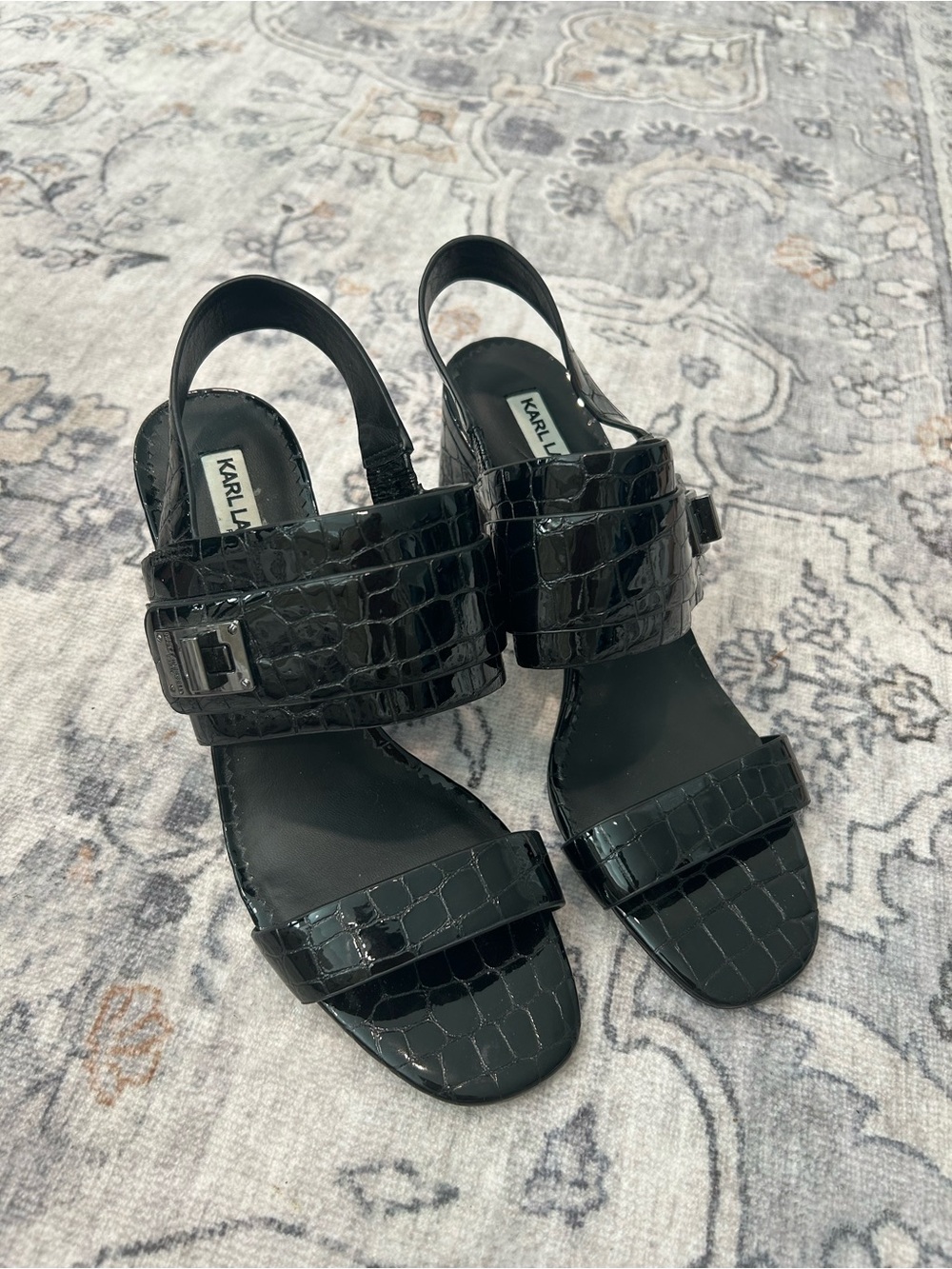 Karl Lagerfeld Jaylynn Black Croc-Embossed Slingback Heels